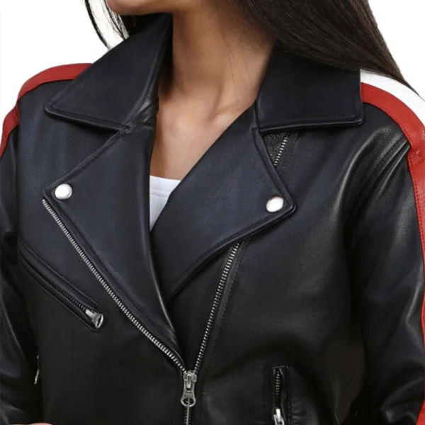 Womens Biker Black Leather Jacket With Stiped Sleeves - Image 5
