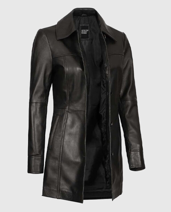 Women's Black Leather Long  Coat - Image 3