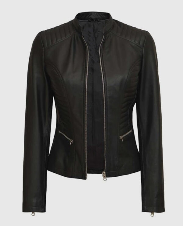 Women's Rachel Petite Black Cafe Racer Leather Jacket - Image 6