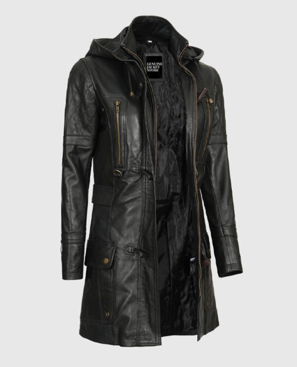 Women's Black Slim Fit Hooded Leather Coat - Image 3