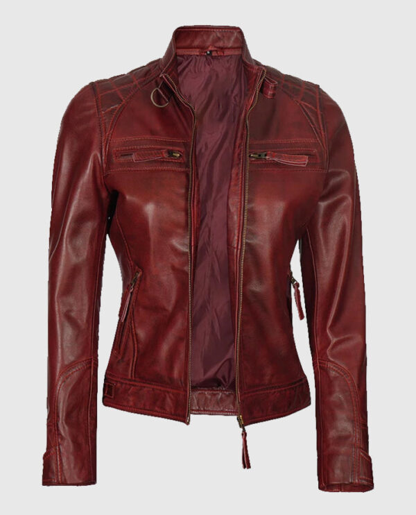 Johnson Women's Brown Quilted Cafe Racer Genuine Leather Jacket - Image 4