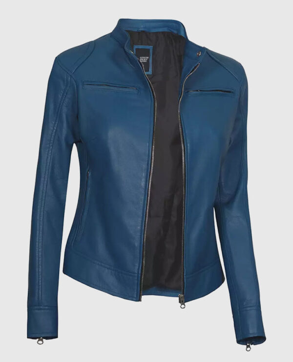 Women's Blue Cafe Racer Leather Jacket - Image 3