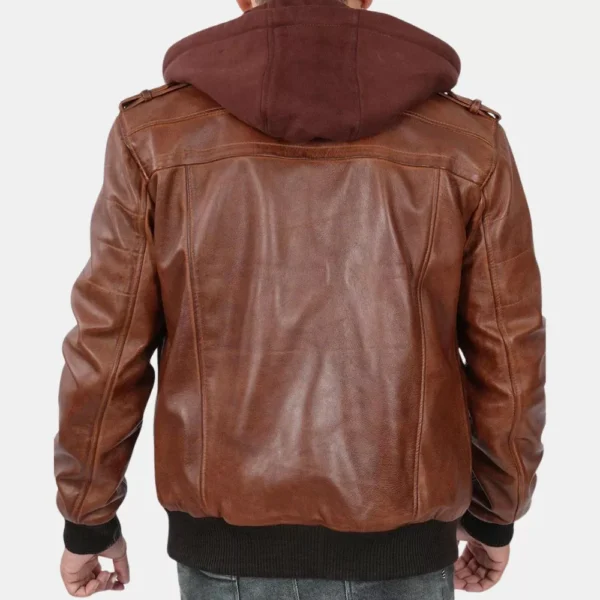 Men’s Brown Leather Bomber Jacket With Removable Hood - Image 2