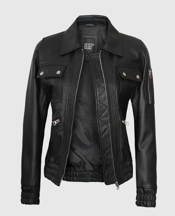 Evelyn Women's Classic Black Leather Bomber Jacket - Image 3