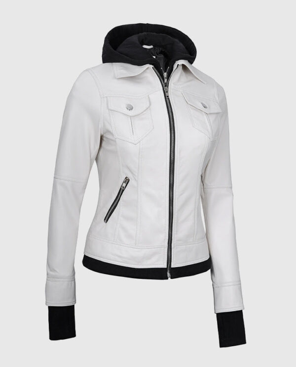 Women's White Bomber Leather Jacket with Hood - Image 4