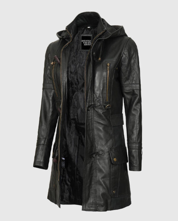 Women's Black Slim Fit Hooded Leather Coat - Image 4
