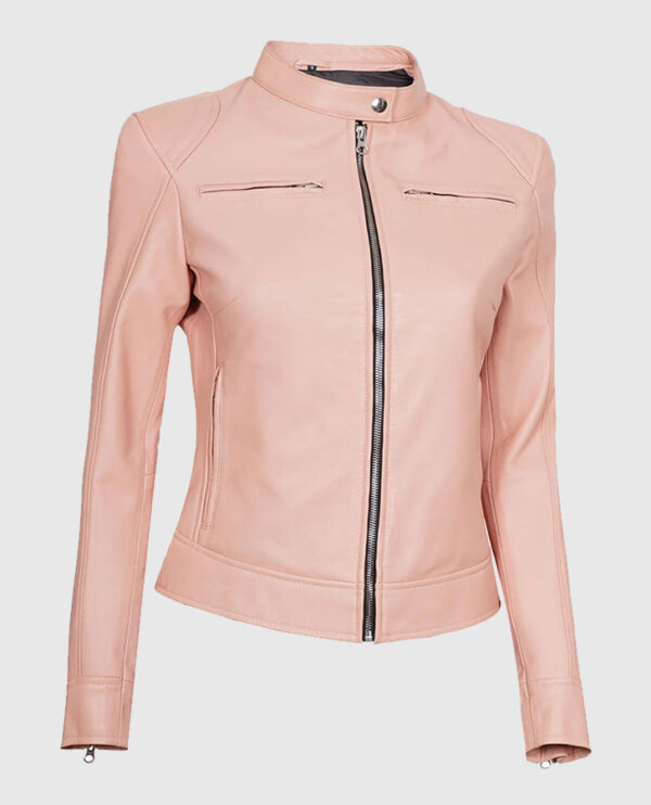 Light Pink Women's Motorcycle Cafe Racer Leather Jacket - Image 3