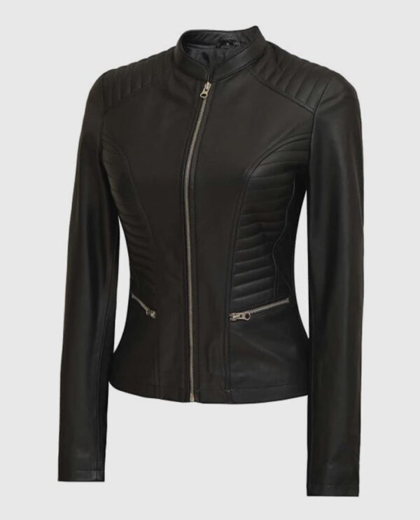 Women's Rachel Petite Black Cafe Racer Leather Jacket - Image 3