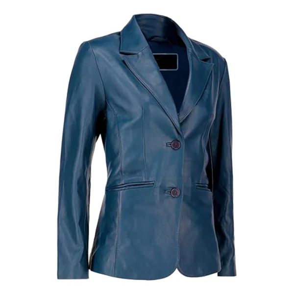 Womens Blue Two Button Leather Blazer Jacket - Image 2