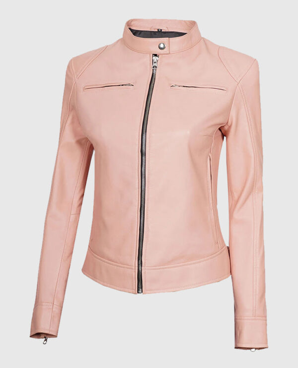 Light Pink Women's Motorcycle Cafe Racer Leather Jacket - Image 4