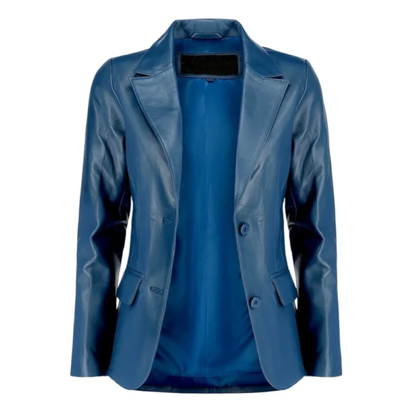 Womens Blue Two Button Leather Blazer Jacket - Image 3