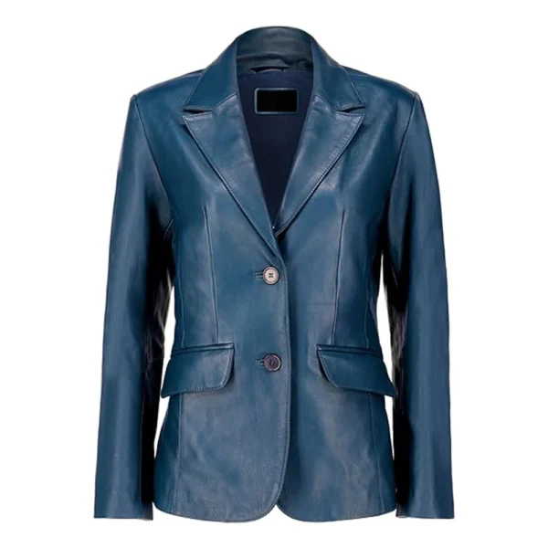 Womens Blue Two Button Leather Blazer Jacket