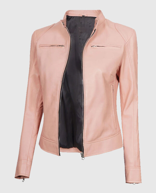 Light Pink Women's Motorcycle Cafe Racer Leather Jacket - Image 5