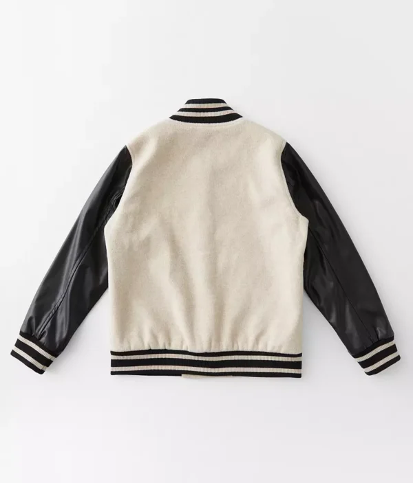 Womens Off White Varsity Jacket with Black Leather Sleeves - Image 3