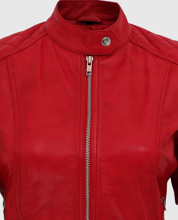 Women's Red Quilted Biker Leather Jacket - Image 3