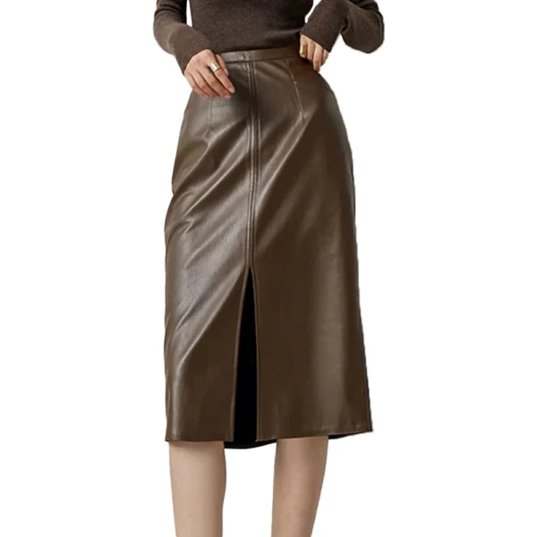 Front Slit Leather Midi Skirt For Women