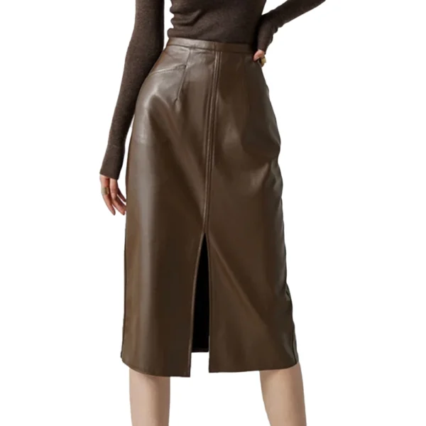 Front Slit Leather Midi Skirt For Women - Image 4