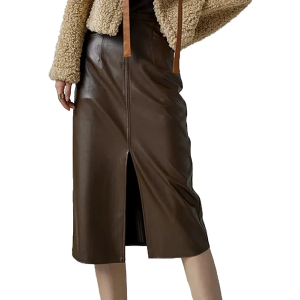 Front Slit Leather Midi Skirt For Women - Image 2