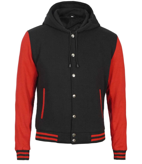 Men's Red and Black Hooded Lettermen Jacket - Image 3