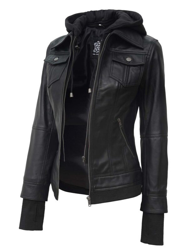 Tralee Petite Women's Black Motorcycle Leather Jacket with Hood - Image 3