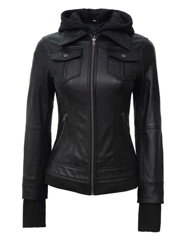 Tralee Petite Women's Black Motorcycle Leather Jacket with Hood - Image 4