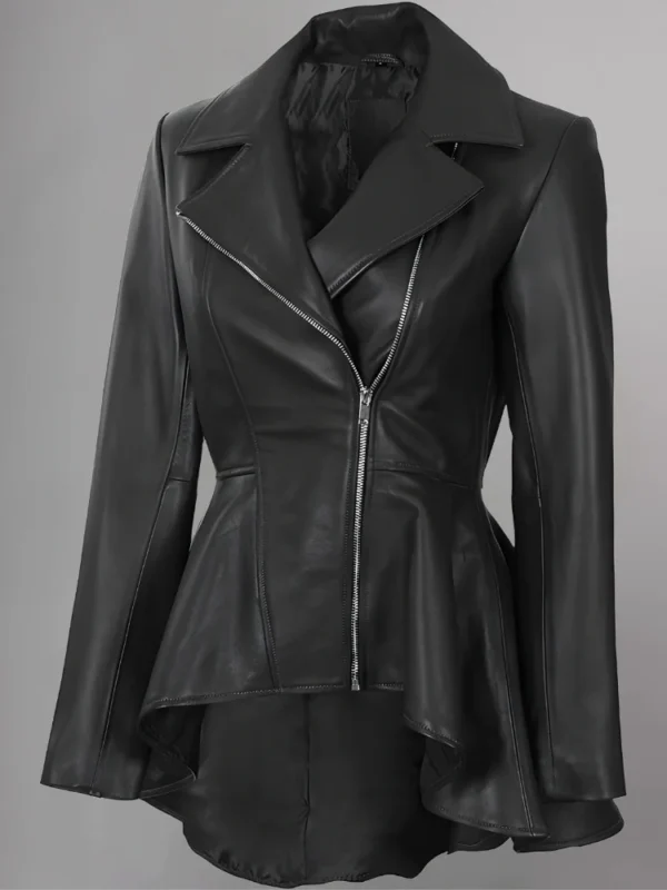 Women’s Black Peplum Leather Jacket - Image 3
