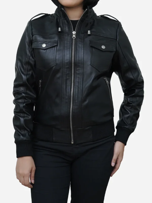 Womens Black Bomber Leather Jacket - Image 3
