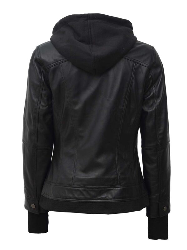 Tralee Petite Women's Black Motorcycle Leather Jacket with Hood - Image 2
