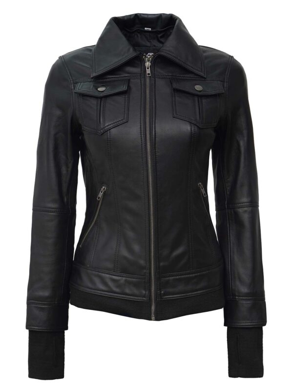 Tralee Petite Women's Black Motorcycle Leather Jacket with Hood - Image 5