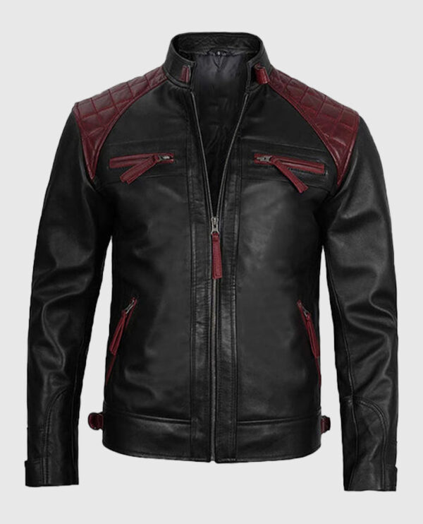 Men's Quilted Cafe Racer Black and Maroon Leather Jacket - Image 4