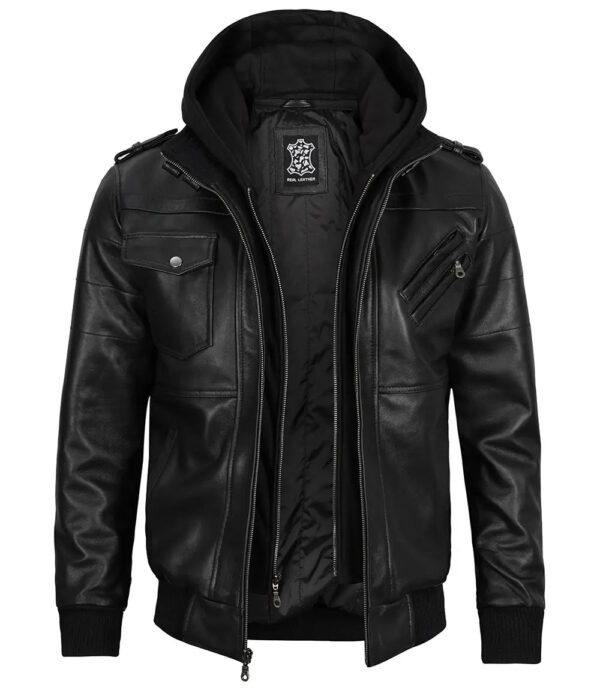 Edinburgh Mens Black Bomber Leather Jacket With Removable Hood - Image 3