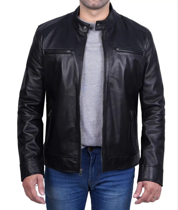 Dodge Mens Black Cafe Racer Leather Biker Jacket - Image 3