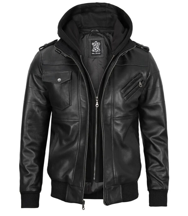 Edinburgh Tall Mens Black Leather Jacket with Removable Hoodie - Image 6