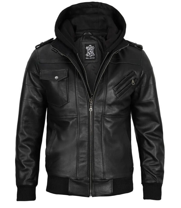 Edinburgh Mens Black Bomber Leather Jacket With Removable Hood - Image 6