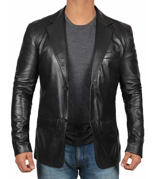 Tall Men's Two Buttons Black Real Leather Blazer - Image 3