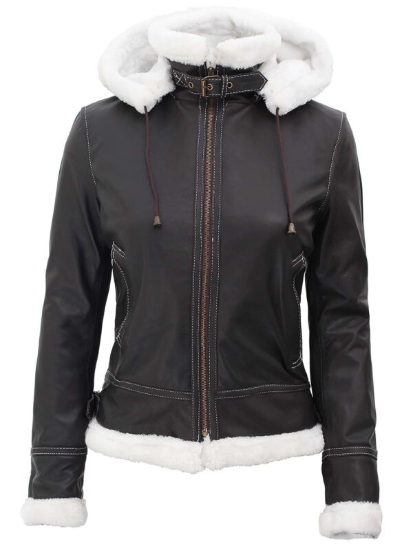 Mary Womens Fur Lined Dark Brown Bomber Leather Jacket with Removable Hood - Image 3