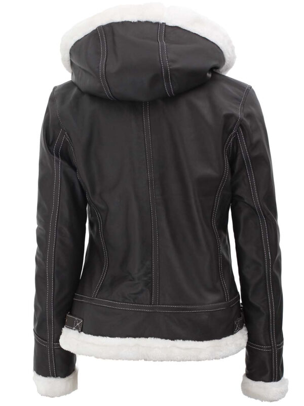 Mary Womens Fur Lined Dark Brown Bomber Leather Jacket with Removable Hood - Image 2