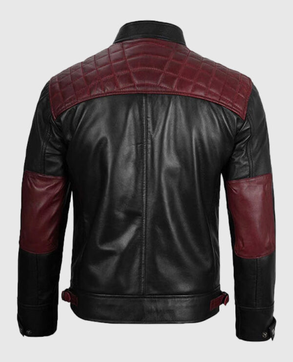 Men's Quilted Cafe Racer Black and Maroon Leather Jacket - Image 2