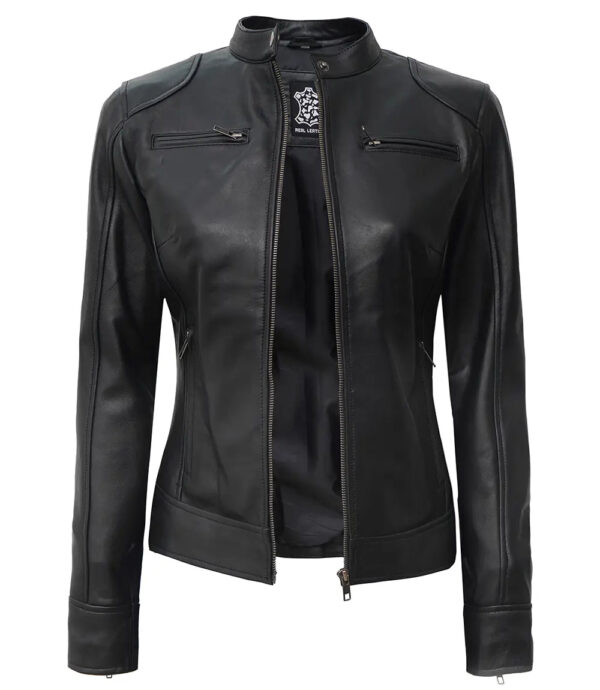 Dodge Women's Black Lambskin Leather Motorcycle Jacket - Image 3