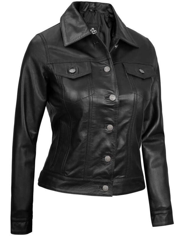 Fernando Women Black Leather Trucker Jacket - Image 3