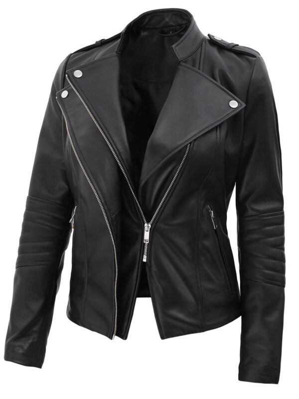 Monica Women's Black Asymmetrical Leather Jacket - Image 2