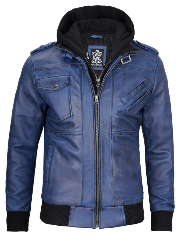 Edinburgh Mens Blue Wax Leather Jacket With Hood - Image 4
