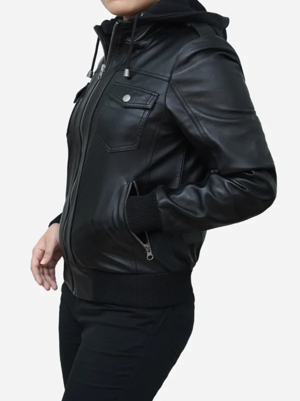 Womens Black Bomber Leather Jacket - Image 5
