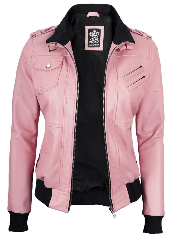 Edinburgh Pink Leather Bomber Jacket With Hood - Image 3