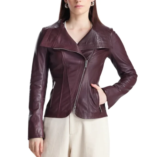 Womens Eggplant Maroon Wide Collar Leather Biker Jacket - Image 2