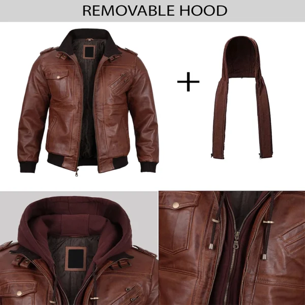 Mens Brown Real Leather Jacket with Detachable Hood - Image 5