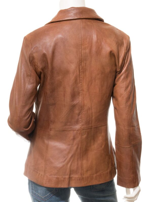 Women’s Brown Leather Blazer Two Button Coat - Image 2