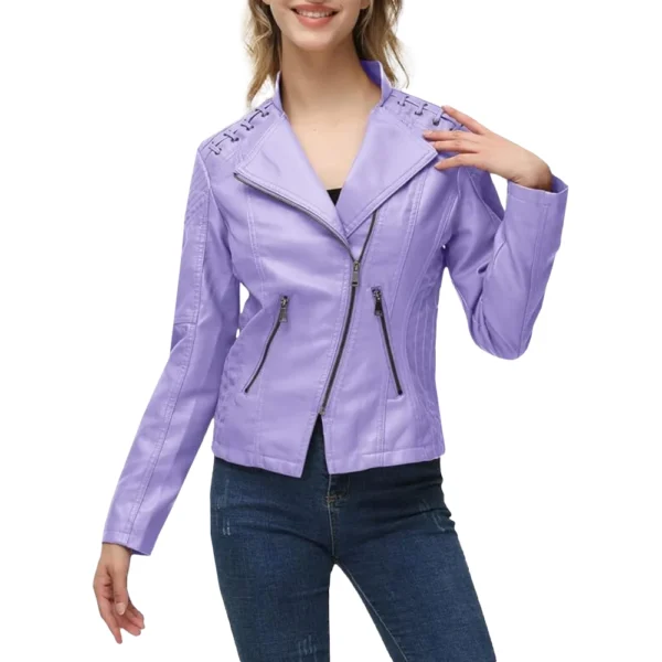 Stylish Women’s Purple Leather Short Motorcycle Jackets - Image 2