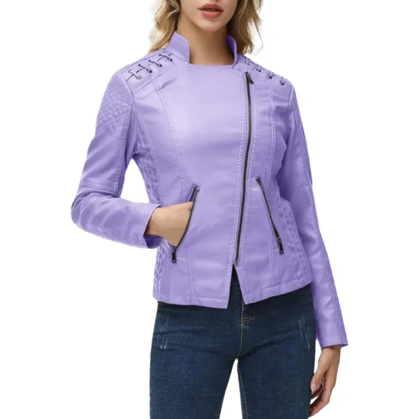 Stylish Women’s Purple Leather Short Motorcycle Jackets - Image 6