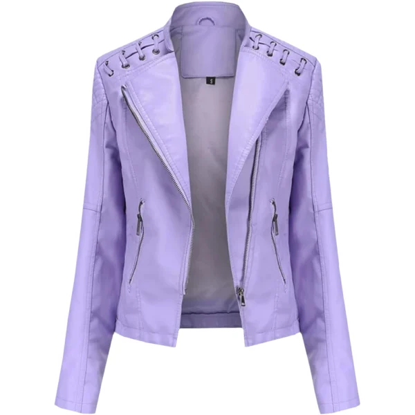 Stylish Women’s Purple Leather Short Motorcycle Jackets - Image 3
